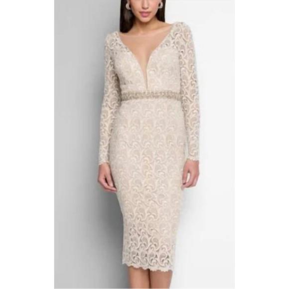 NEW TERANI COUTURE long sleeve lace cocktail dress in champagne Dresses